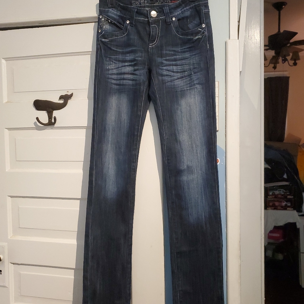 SWEET LOOK SKINNY LOW RISE DENIM JEANS / RHINESTON